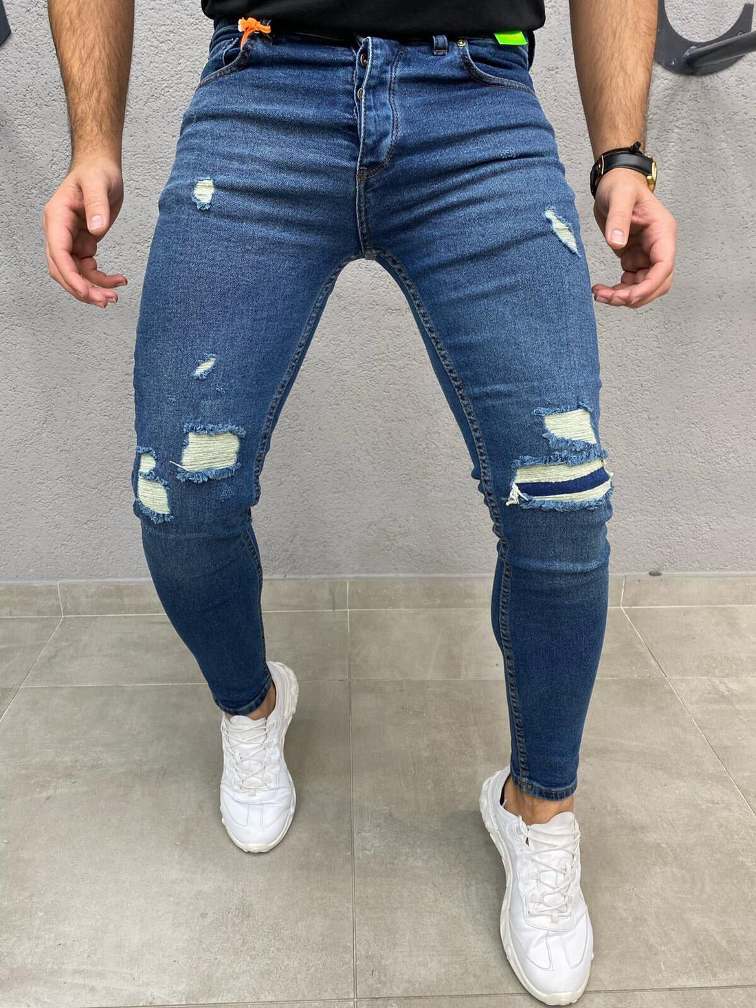 Donkerblauwe ripped skinnyjeans voor heren