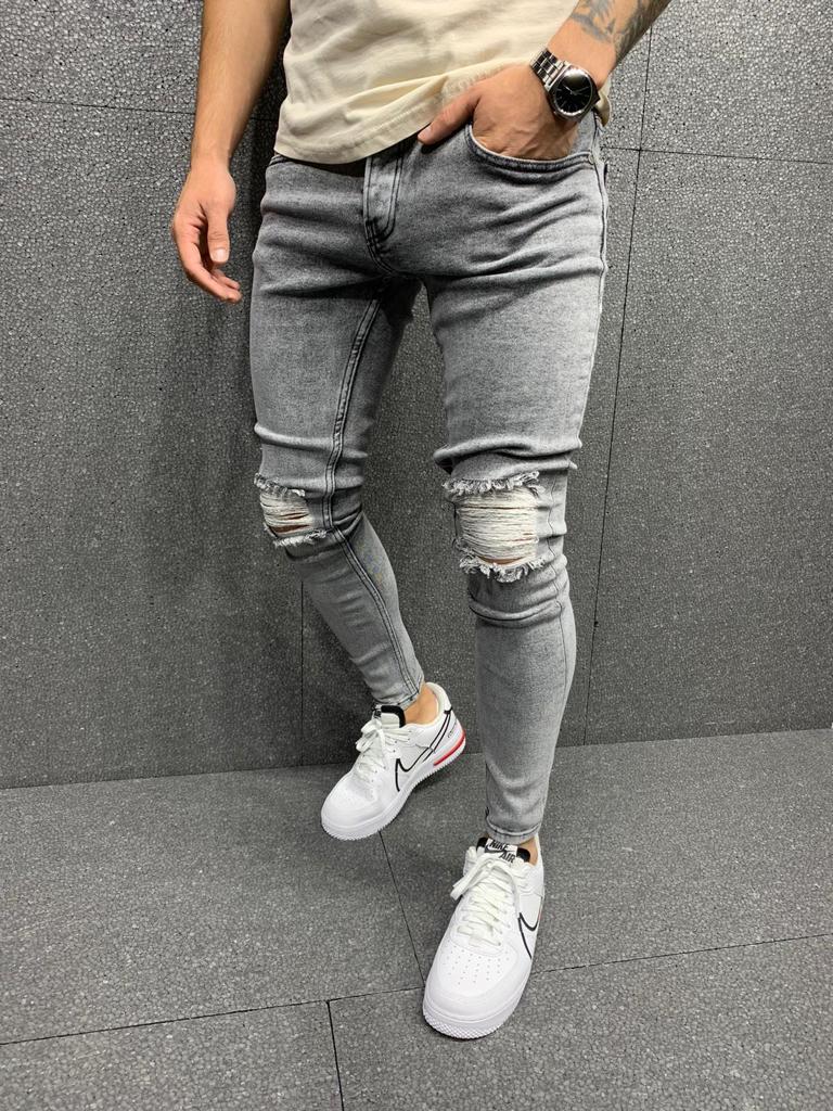 light grey skinnyfit ripped stretch jeans voor heren