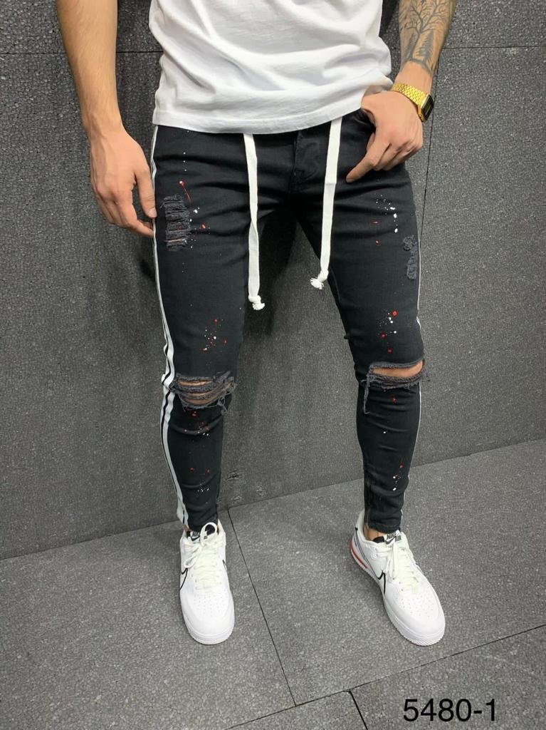 Skinnyfit ripped stretch jeans voor heren met verfspetters