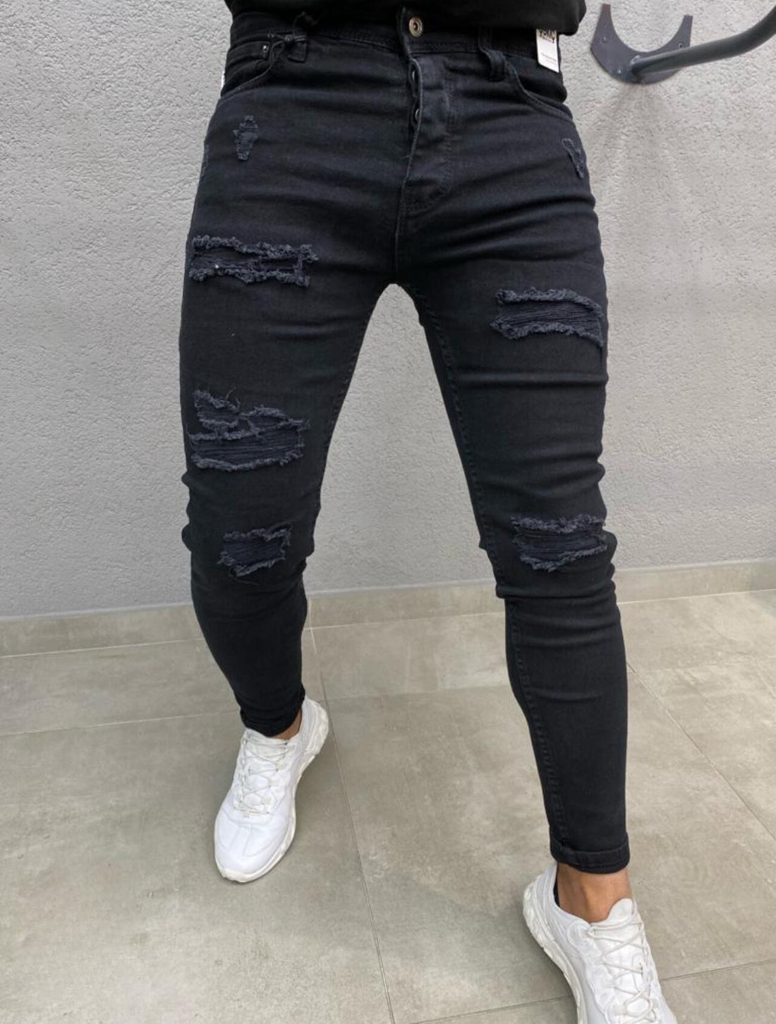 Skinny stretch jeans met kleine scheuren voor heren - Zwart