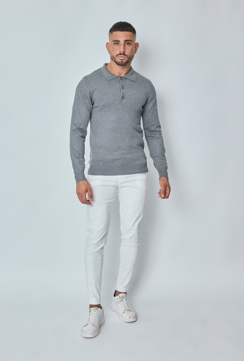 Knitwear Polo met Lange Mouw Heren Casual Sweater met Knoopjes ~ Grijs