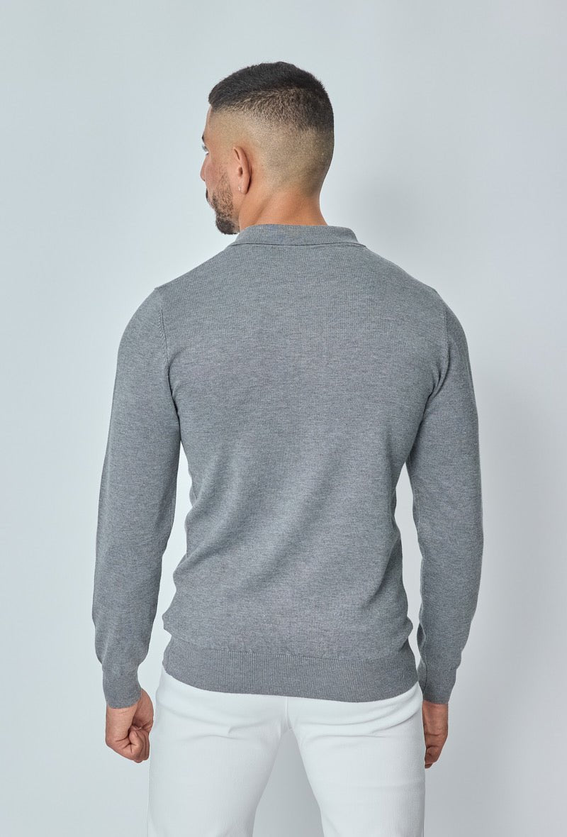 Knitwear Polo met Lange Mouw Heren Casual Sweater met Knoopjes ~ Grijs