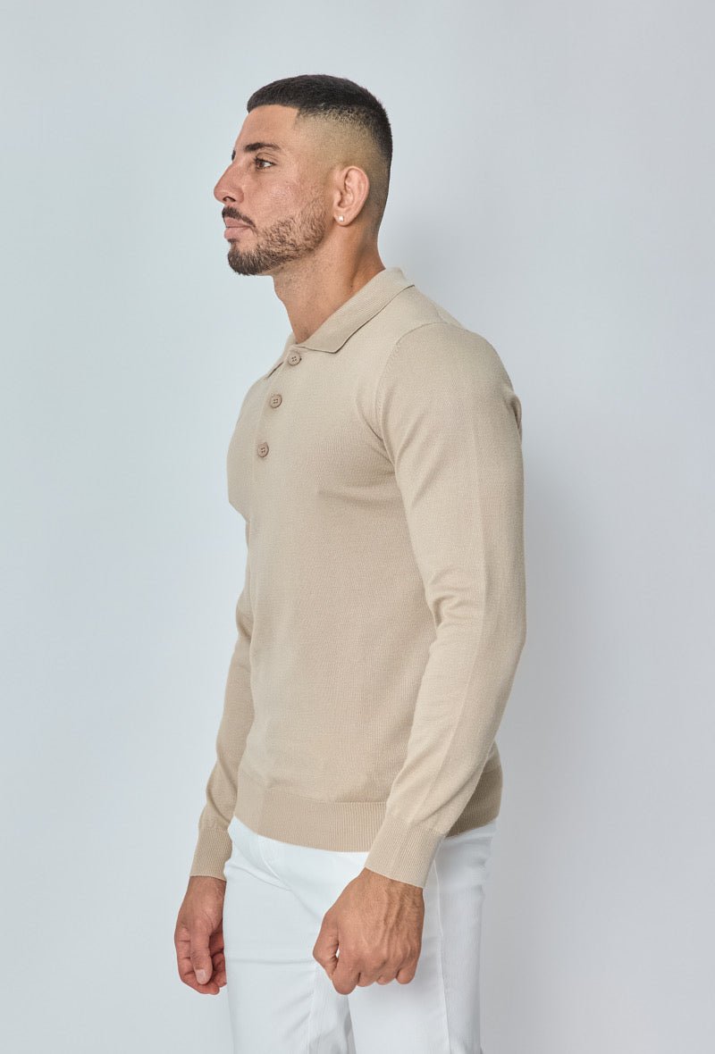 Knitwear Polo met Lange Mouw Heren Casual Sweater met knoopjes ~ Beige