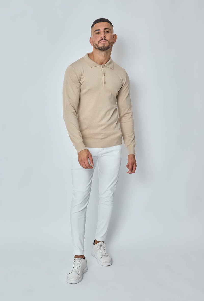 Knitwear Polo met Lange Mouw Heren Casual Sweater met knoopjes ~ Beige