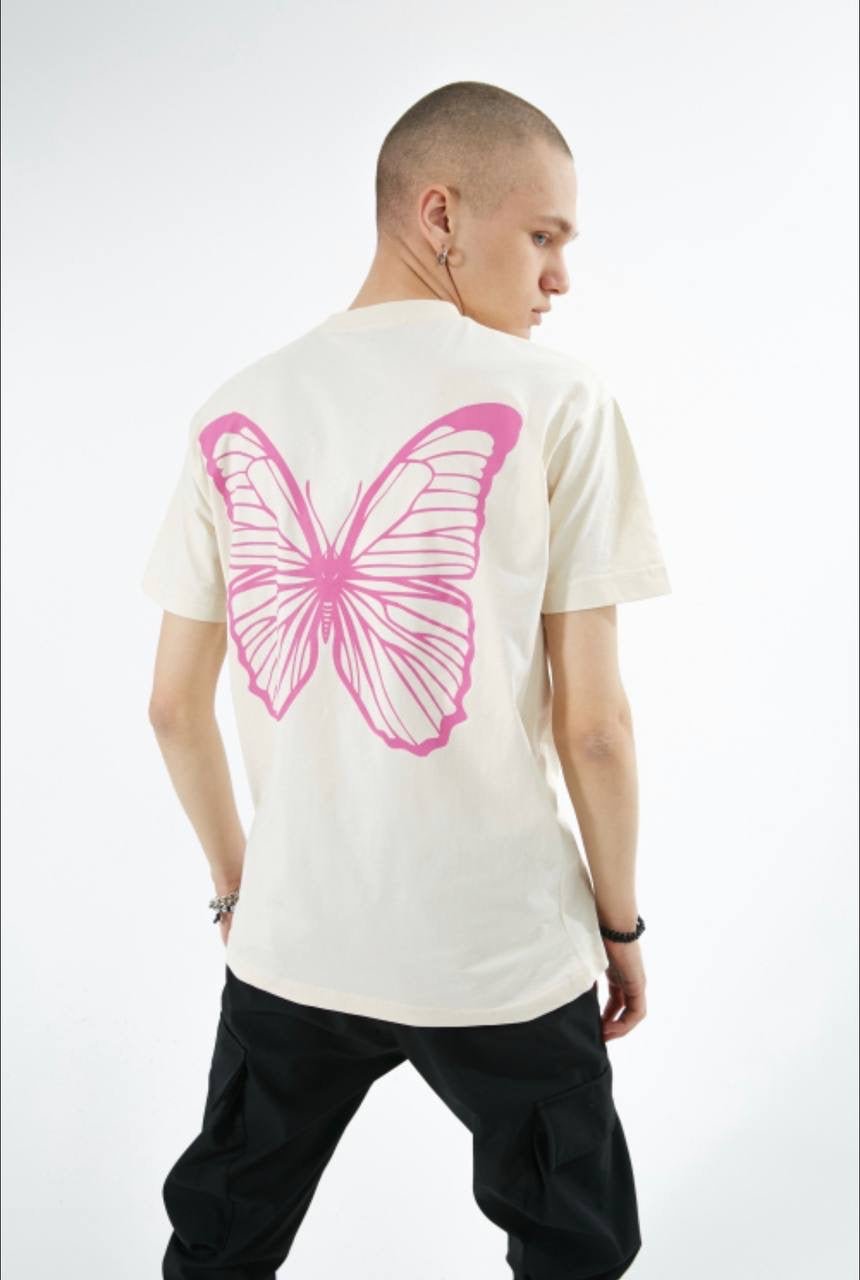 T-Shirt 'Butterfly' voor Heren met Bedrukking - Beige