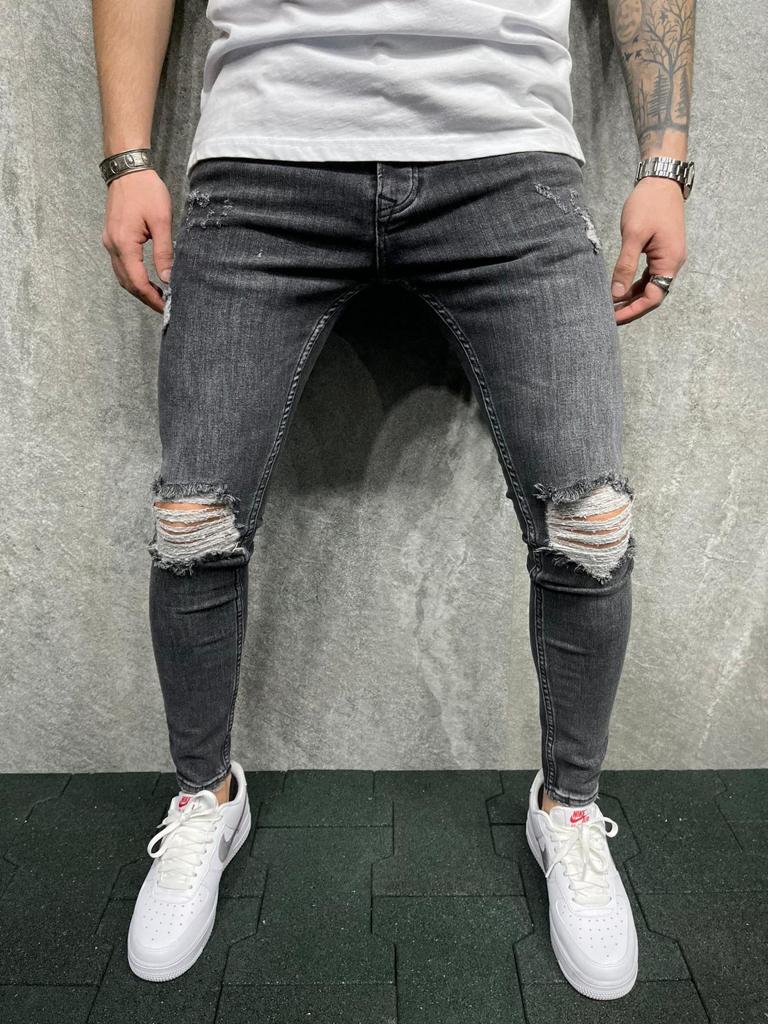 donkergrijze skinnyfit ripped stretch jeans voor heren