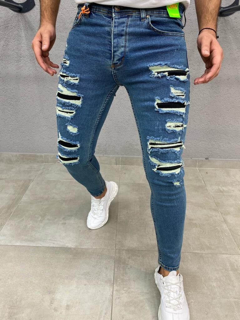 Skinny stretch jeans met scheuren voor heren - donkerblauw