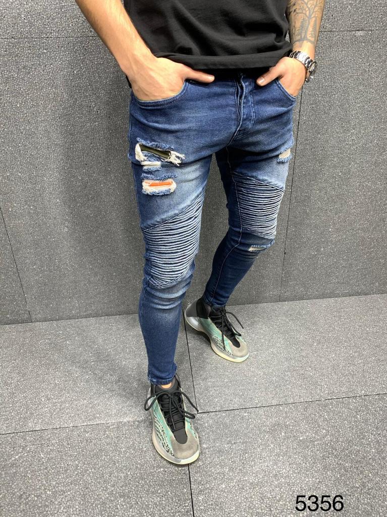 Premium SlimFit Rib Ripped Stretch Jeans Heren ~ Blauw 5356