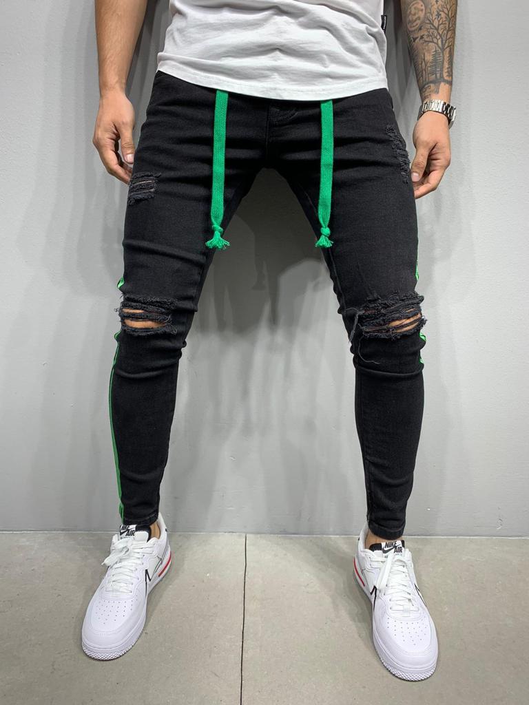 Skinnyfit ripped stretch jeans voor heren - zwart/groen